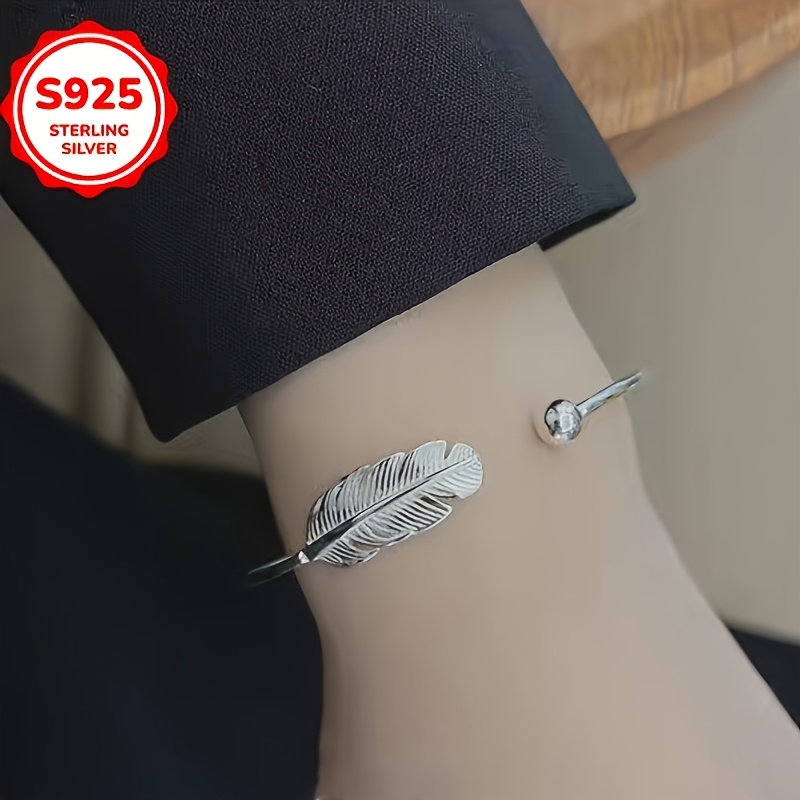 Women's Minimalist Feather Beaded Open Bangle Bracelet, Elegant Gift